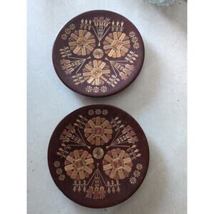 Boho Vintage Straw Inlaid Decorative Plates. Folk Art Set Of 2.